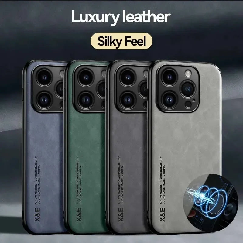 Luxury Leather Case For iPhone 17 16 16e 15 14 13 12 11 Pro Max Plus 12 13 Mini SE 8 7 Cover With Metal Plate Support Car Hold